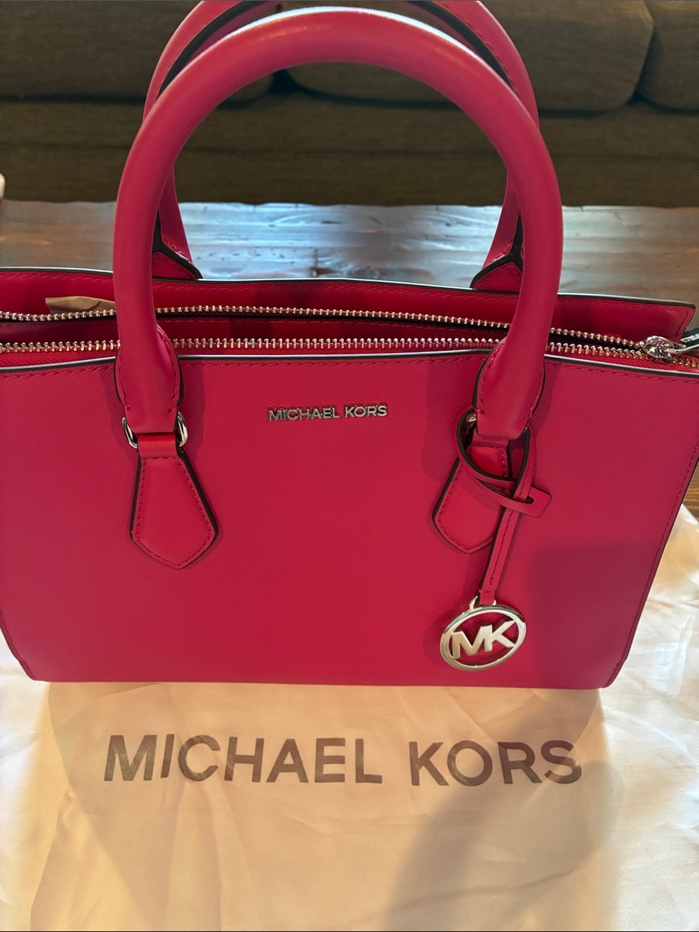 Michael Kors Bright Pink Saffiano Satchel with MK Charm